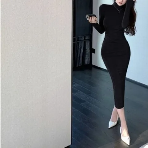 엄지척 롱원피스 슬림 긴팔 모임룩 반하이넥 실크 클럽원피스19871338667501
