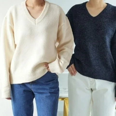엄지척 여성 루즈 데일리 브이넥 오버 보온 핏 반짝이 펄 니19804884667501