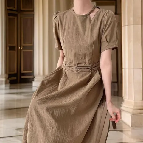 셀러허브 패션 여자 라운드 셔링 반팔 컷팅 바스락 롱원피스