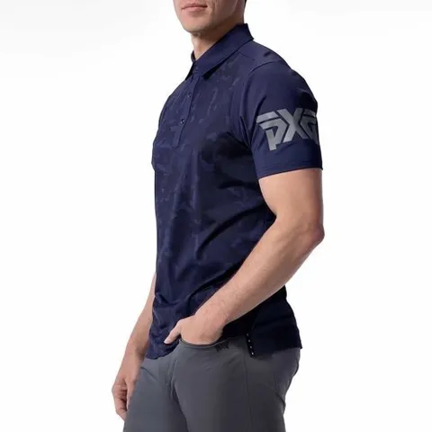 PXG 남성 골프웨어 카모 셔츠 네이비 UV자외선차단 기능성 속건 골프 라운딩웨어 MS23ATP1