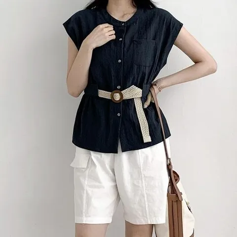 셀러허브 1 여자 스트랩 주머니 슬리브리스 엷은 블라우스