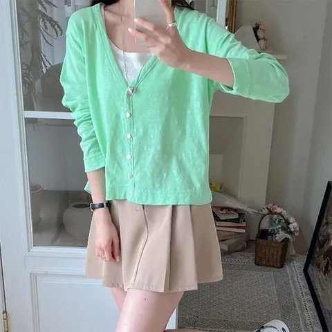 옷자락 여자 보라색 노란색 얇은 간절기룩 봄 브이넥 가디건_P357160745