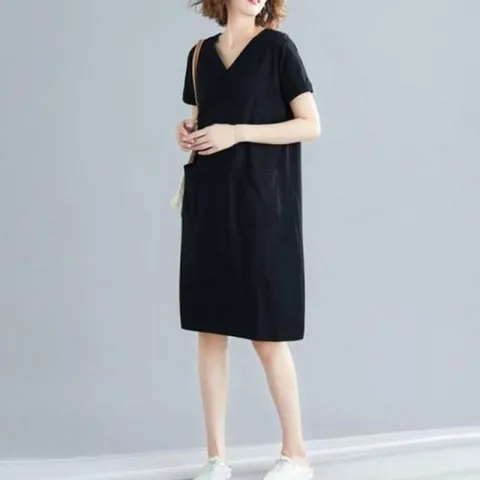 기타 브이넥 브이넥원피스 검정색 캐주얼 원피스 브이넥롱 (KYR-WD8CD82)