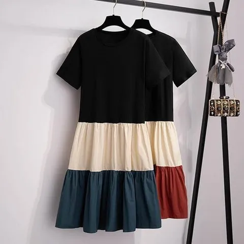 셀러허브 1 캉캉 치마 디자인 트리플 컬러 배색 반팔 원피스