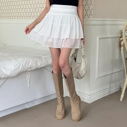 옷자락 여자 여름 러블리 엠보 쉬폰 캉캉 시스루 미니스커트_P369885996