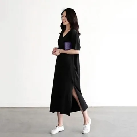 셀러허브 패션 [에스이엔몰] 롱 반팔 옆트임 여름 시원한 비치 빅 원피스