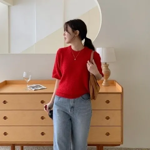 패션플러스 다잇템] 여자 U넥 앙고라 반팔 FW 보드라운 니트15789475588872