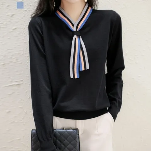 패션플러스 [퀸이즈] [퀸이즈] 마인 배색 타이 포인트 니트 티셔츠