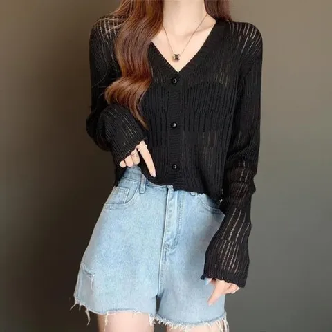 신상오픈런 |CCJ684A|여성 데일리 브이넥 니트 가디건 펀칭 패턴 여리핏