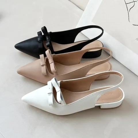 옷자락 여성 무지컬러 뽀족코 리본 스트랩 슬링백 구두