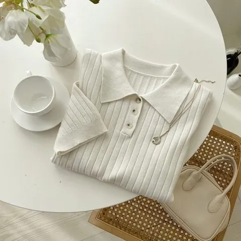 마미스클로젯 심플 여성 카라넥 슬림핏 골지 긴팔 니트 티셔츠 DGB-WKN-2235-아이보리_P335518023