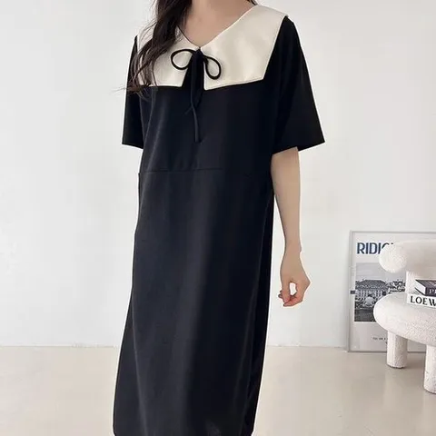 옷자락 여자 하객룩 빅사이즈 배색 카라넥 리본 블랙 롱원피스_P392424848