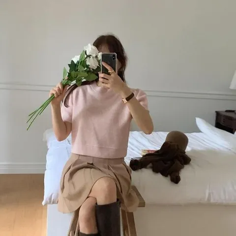 셀러허브 패션 여자 분홍 퍼프반팔 라운드넥 티셔츠