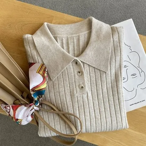 마미스클로젯 심플 여성 카라넥 슬림핏 골지 긴팔 니트 티셔츠 DGB-WKN-2235-베이지_P335518026