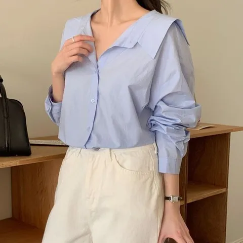 신상오픈런 |KSH3ACC|하늘색블라우스 흰남방 봄출근룩 무지 순면 셔츠