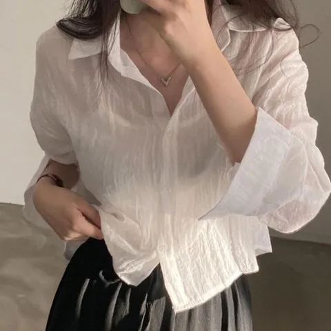 셀러허브 패션 [오노마] ONM 거즈면 폴업 셔츠 실크 시스루 일반핏 숏 기장 여친룩 (10376713)