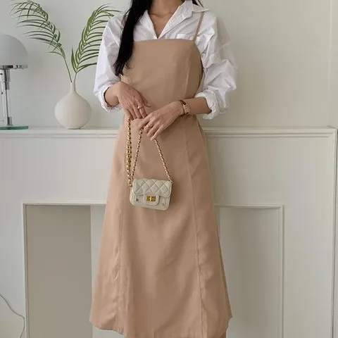 셀러허브 패션 여자 가을하객룩 백리스 스웨이드 롱원피스