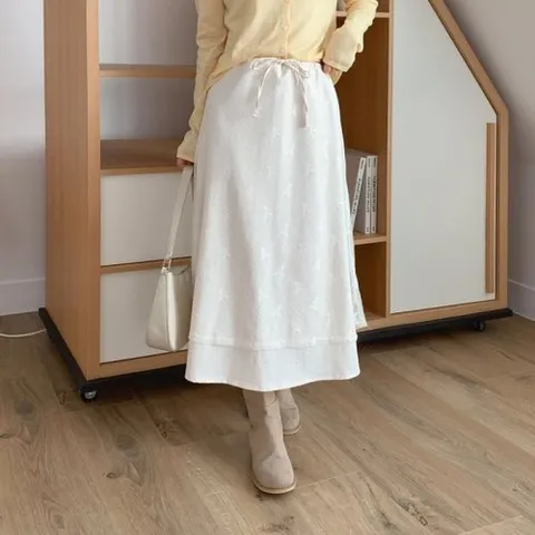 옷자락 여자 FW 롱 코디 리본 자수패턴 시폰 스커트