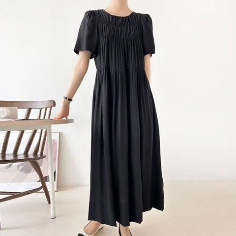 패션플러스 [까르죠아] 까르죠아 셔링 쉬폰 원피스 여성 시폰 롱 여름 반팔 휴양지 휴가철