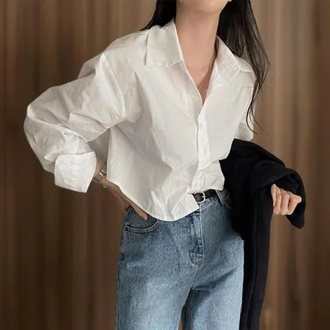 신상오픈런 |CCH413C|여성 세미크롭 무지 클래식 루즈핏 셔츠 남성용 티셔츠