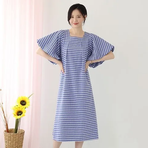 웬디즈갤러리 체크 볼륨소매 시어써커 반팔원피스/바캉스 데일리