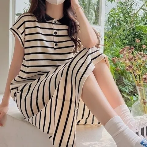 신상오픈런 CCO4805카지아 배색 줄무늬 숏슬리브 데일리 여성 스프링 원피스18169624597559