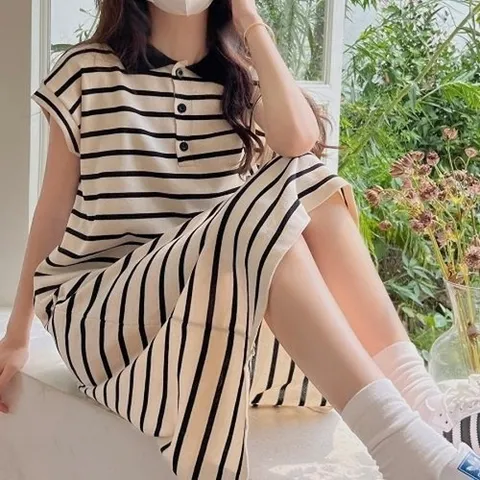 신상오픈런 CCO4805카지아 배색 줄무늬 숏슬리브 데일리 여성 스프링 원피스18169624597559