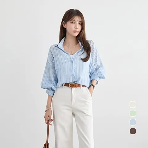 나크21 55~100 루즈핏 거즈 스트라이프 셔츠 NK61-TS-14_P423118311