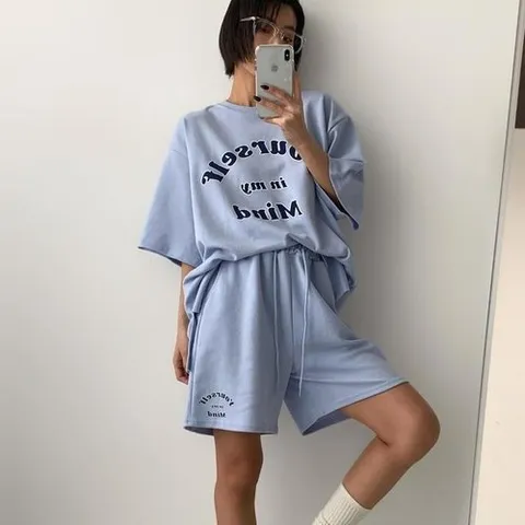 셀러허브 1 여자 하프팬츠 오버핏반팔티 트임 필기체 세트