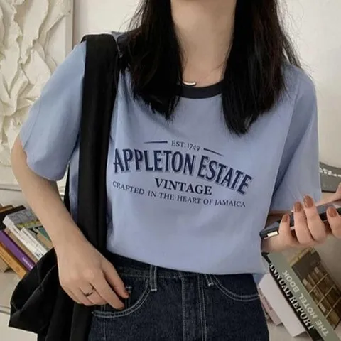 셀러허브 패션 [오노마] ONM 빈티지 레터링 배색 라운드넥 티셔츠 프린팅 반팔 (40821783)