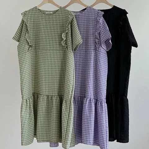 셀러허브 1 여성 격자 큰사이즈 귀여운 시어서커 롱드레스