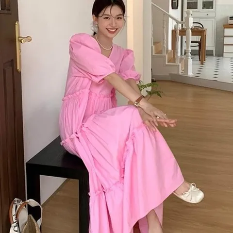 [제이0]빅 퍼프 반팔 롱 원피스_P342048732