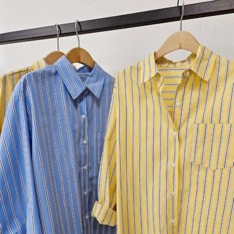 셀러허브 패션 여자 옐로우 선염 줄지 세로 스트라이프 셔츠