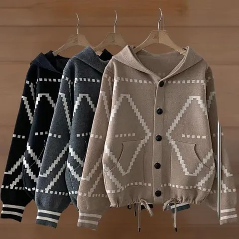 신상오픈런 |CDJ6737|여성 후드 스트링 가디건 비스코스 유니크 패턴