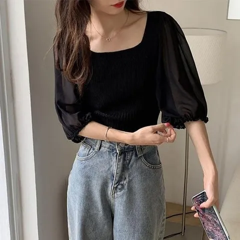 셀러허브 패션 [오노마] ONM 스퀘어넥 반팔니트 스퀘어넥니트 쉬폰소매 (31458442)