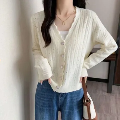 셀러허브 1 [HYIJPCTW_4B]베이직 펀칭 보석단추 슬림 니트 가디건 오피