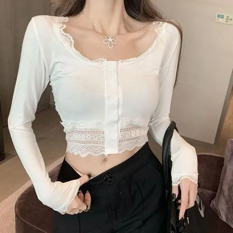 셀러허브 패션 [QNS961Z5_58]가을맨투맨 소매 레이스 앞단추 데일리룩
