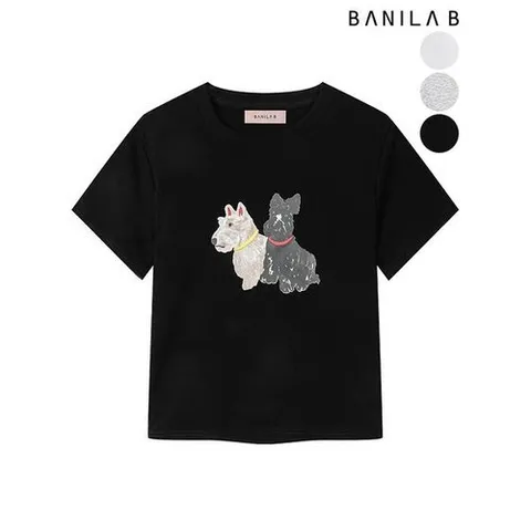 바닐라비 여성 강아지 프린팅 라운드넥 반팔 티셔츠_P392159293