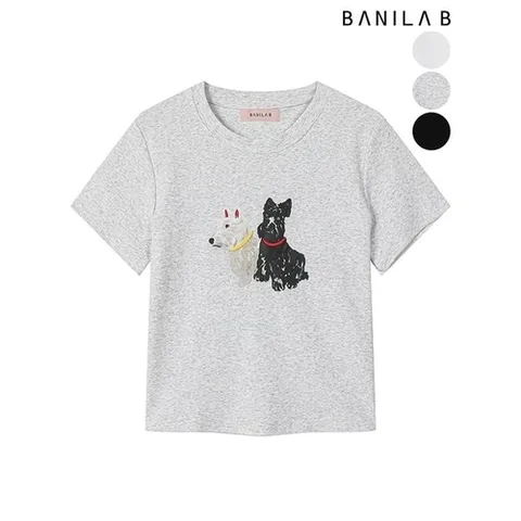 바닐라비 여성 강아지 프린팅 라운드넥 반팔 티셔츠_P392159293