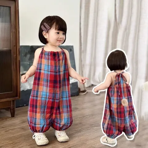 MK 체크꼬리 레드 아동 끈 나시 점프슈트 205772