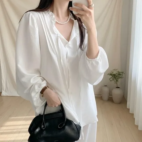 셀러허브 패션 여성 봄 하객용 프릴넥 끈 소매 박시핏