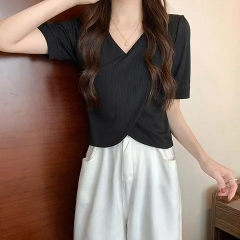 셀러허브 1 [XBHG20N6]크롭 스타일 골지 여성 데일리 랩 티셔츠 반팔 (15640484)