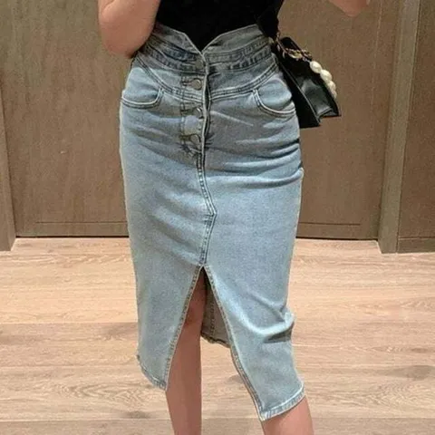 패션플러스 [셀럽하우스] 데님 DWDM8248 슬릿 청롱치마 버튼 단추 디자인 연청치마 오픈