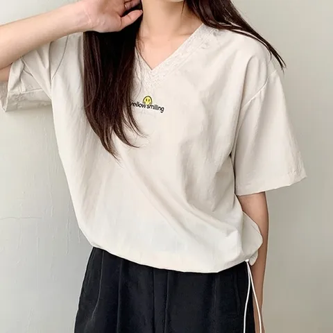 H스타일 DK옐로스마일자수맨투맨 여성 반팔_P344840946