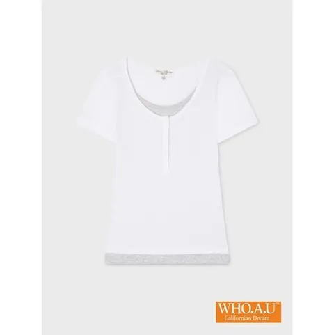 후아유 W.A.U Layered Henley Short-Sleeve T-shirt(IVORY)-WHRAG2491FIC
