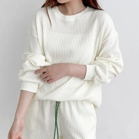 옷자락 여자 케이블 박시 긴팔티셔츠 밴딩 반바지 장마룩 세트_P367421434