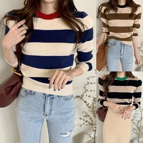 셀러허브 패션 [슈썸] 배색포인트 스트라이프 니트 티셔츠 DHH-B80