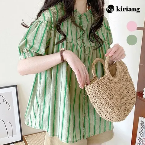 키리앙 스크류 줄지 퍼프 코튼 블라우스_P341859607