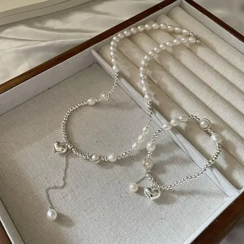 셀러허브 패션 여성 실버 925 하트 진주 구슬 목걸이 팔찌