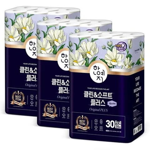 한예지 한예지 클린앤소프트 플러스 천연펄프 화장지 3겹 30m 30롤 3팩